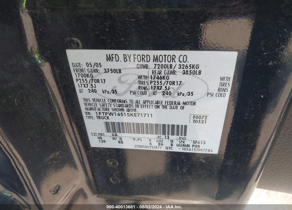 2005 FORD F-150 FX4/LARIAT/XLT VIN: 1FTPW14515KE71711
