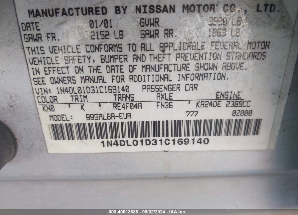 2001 NISSAN ALTIMA VIN: 1N4DL01D31C169140