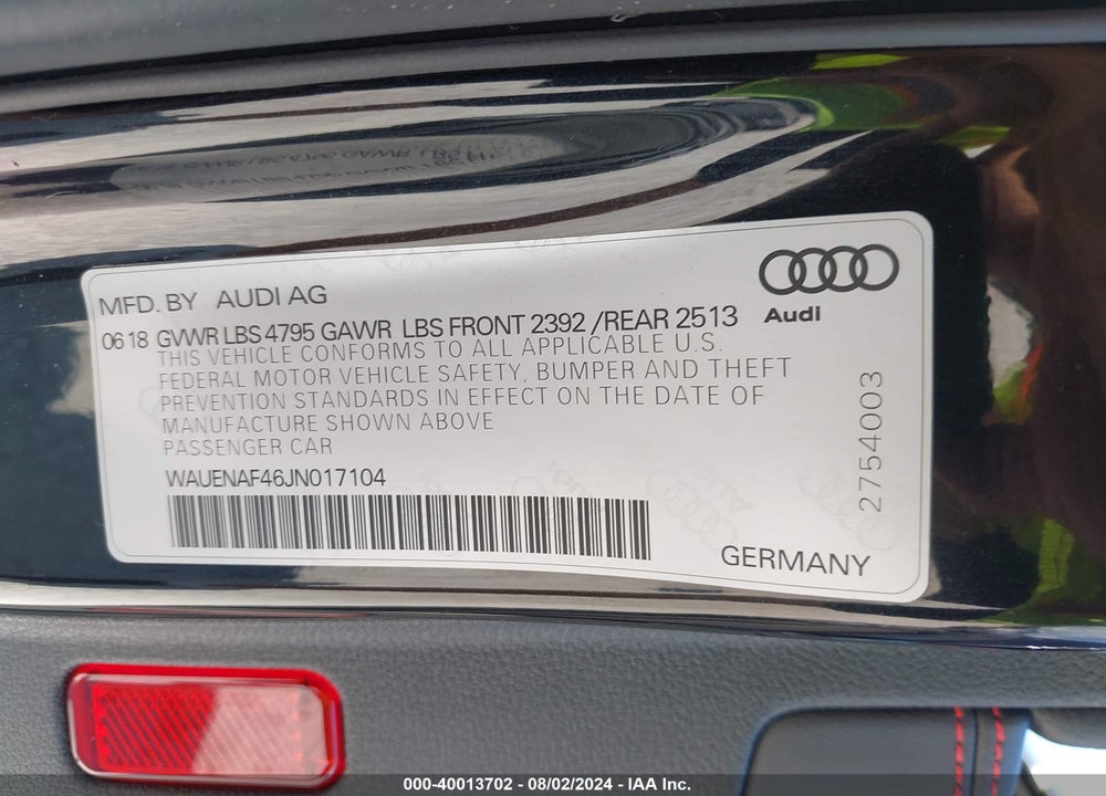2018 AUDI A4 2.0T PREMIUM/2.0T TECH PREMIUM VIN: WAUENAF46JN017104