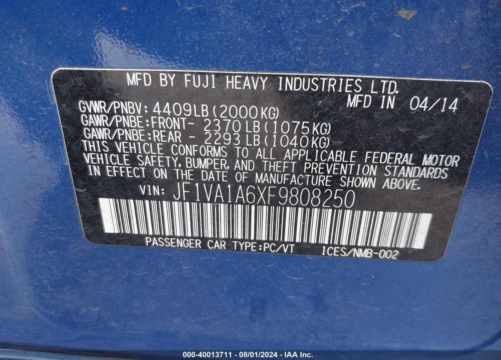 2015 SUBARU WRX VIN: JF1VA1A6XF9808250