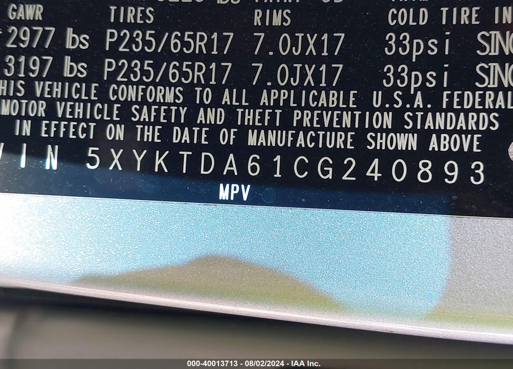 2012 KIA SORENTO LX VIN: 5XYKTDA61CG240893