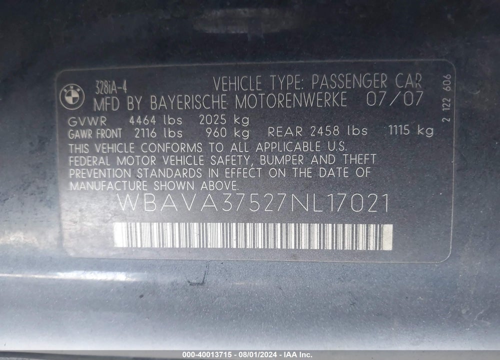 2007 BMW 328I VIN: WBAVA37527NL17021
