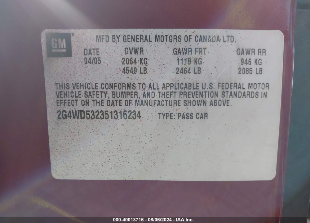2005 BUICK LACROSSE CXL VIN: 2G4WD532351316234