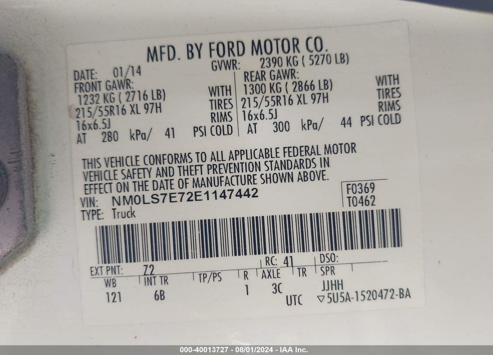 2014 FORD TRANSIT CONNECT XL VIN: NM0LS7E72E1147442