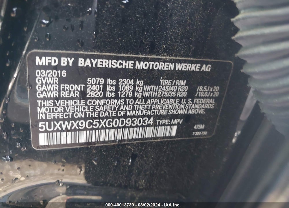 2016 BMW X3 XDRIVE28I VIN: 5UXWX9C5XG0D93034