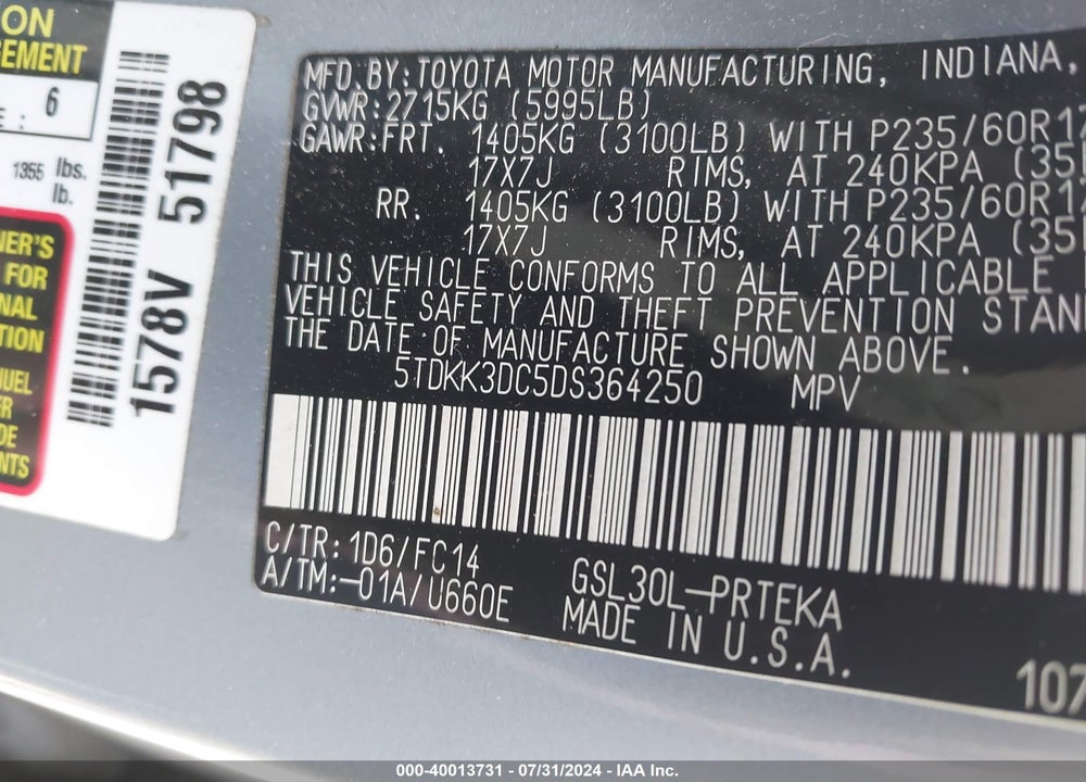 2013 TOYOTA SIENNA LE V6 7 PASSENGER AUTO ACCESS SEAT/LE V6 8 PASSENGER VIN: 5TDKK3DC5DS364250