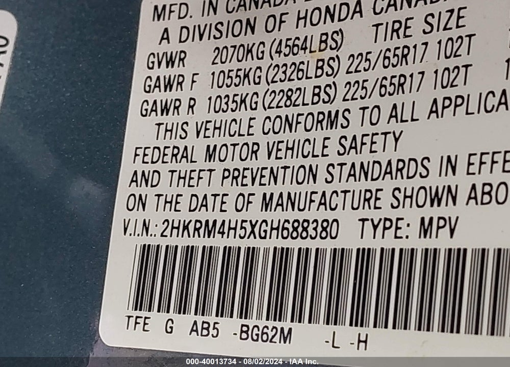 2016 HONDA CR-V EX VIN: 2HKRM4H5XGH688380