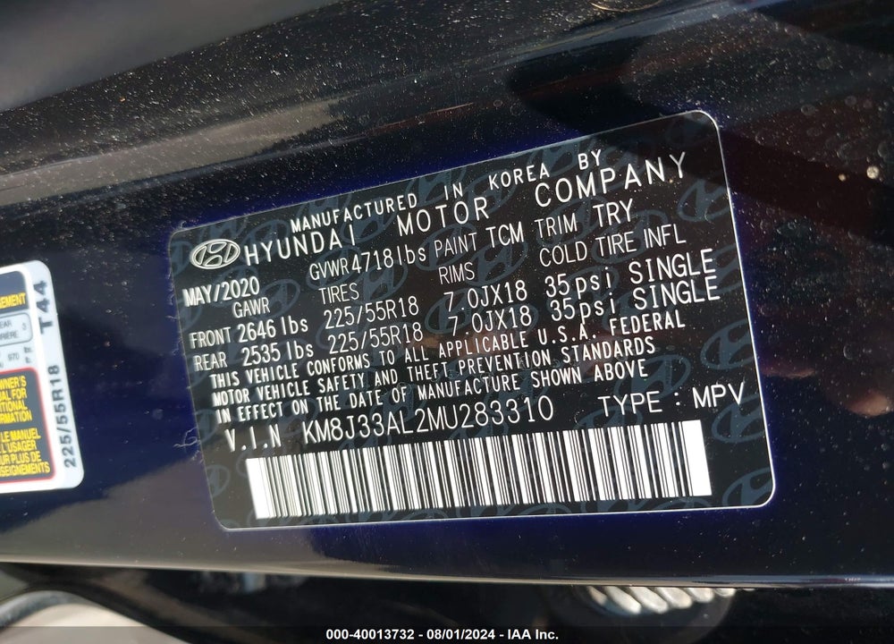 2021 HYUNDAI TUCSON SEL VIN: KM8J33AL2MU283310
