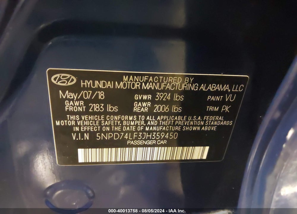 2018 HYUNDAI ELANTRA SE VIN: 5NPD74LF3JH359450