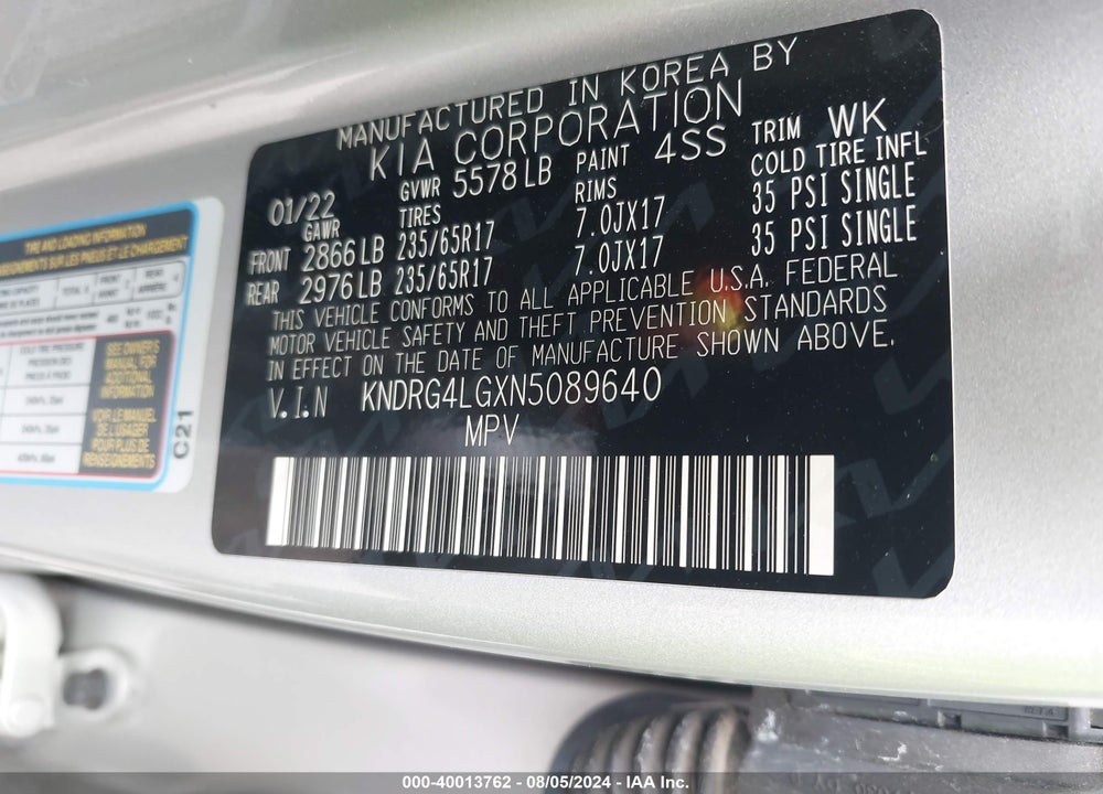 2022 KIA SORENTO HYBRID S VIN: KNDRG4LGXN5089640