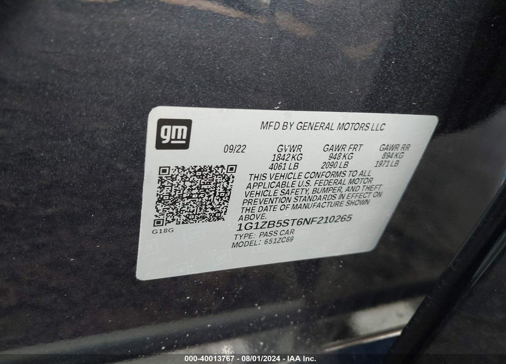 2022 CHEVROLET MALIBU FWD LS VIN: 1G1ZB5ST6NF210265