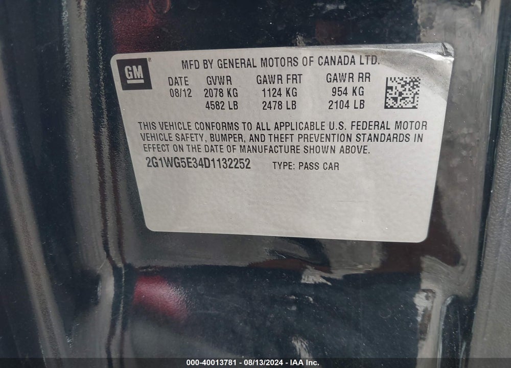 2013 CHEVROLET IMPALA LT VIN: 2G1WG5E34D1132252