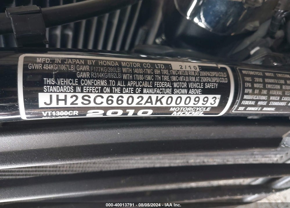 2010 HONDA VT1300 CR VIN: JH2SC6602AK000993