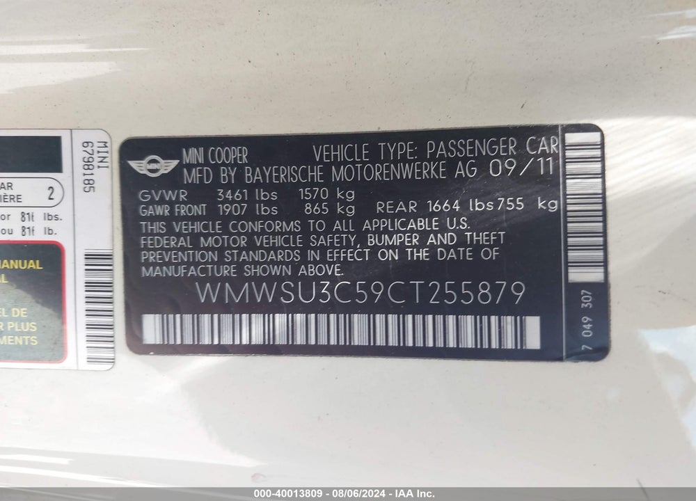 2012 MINI COOPER VIN: WMWSU3C59CT255879