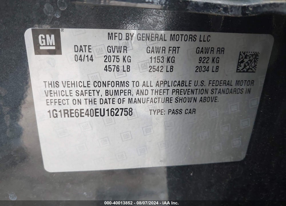 2014 CHEVROLET VOLT VIN: 1G1RE6E40EU162758