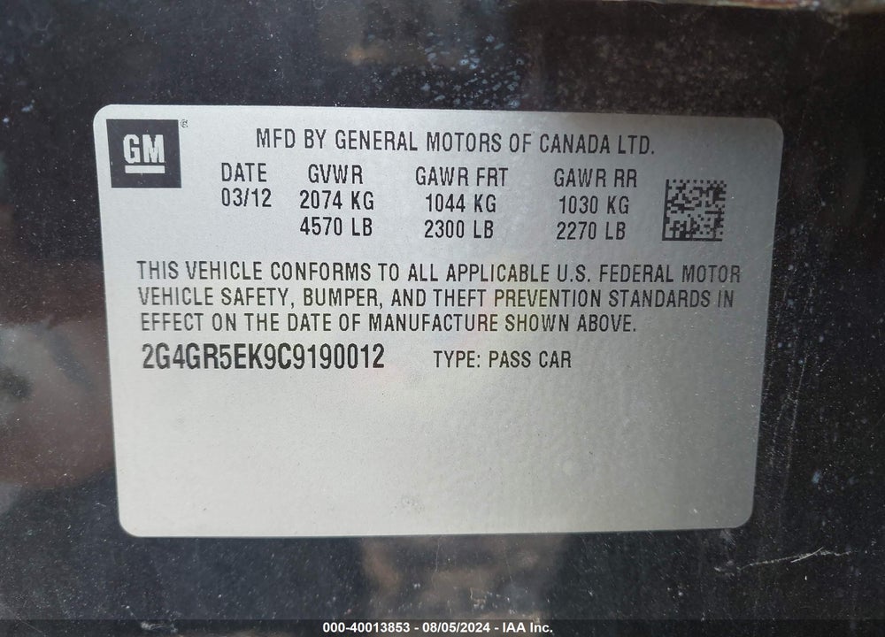 2012 BUICK REGAL VIN: 2G4GR5EK9C9190012