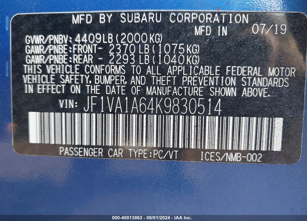 2019 SUBARU WRX VIN: JF1VA1A64K9830514