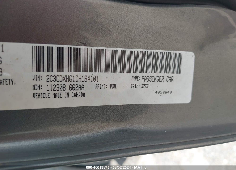 2012 DODGE CHARGER SXT VIN: 2C3CDXHG1CH164101