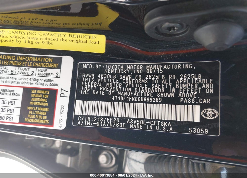 2016 TOYOTA CAMRY SE VIN: 4T1BF1FK6GU999289
