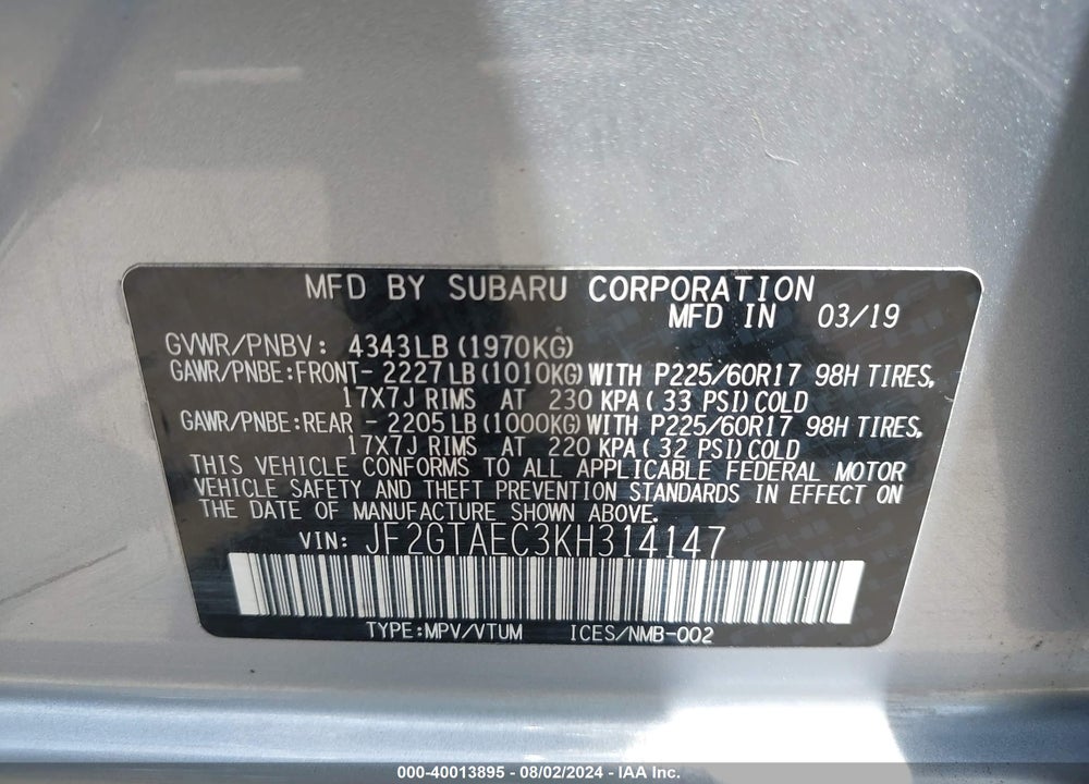 2019 SUBARU CROSSTREK 2.0I PREMIUM VIN: JF2GTAEC3KH314147