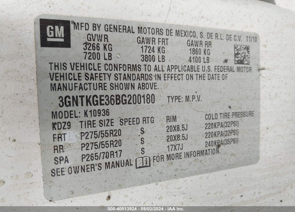 2011 CHEVROLET AVALANCHE 1500 LTZ VIN: 3GNTKGE36BG200180