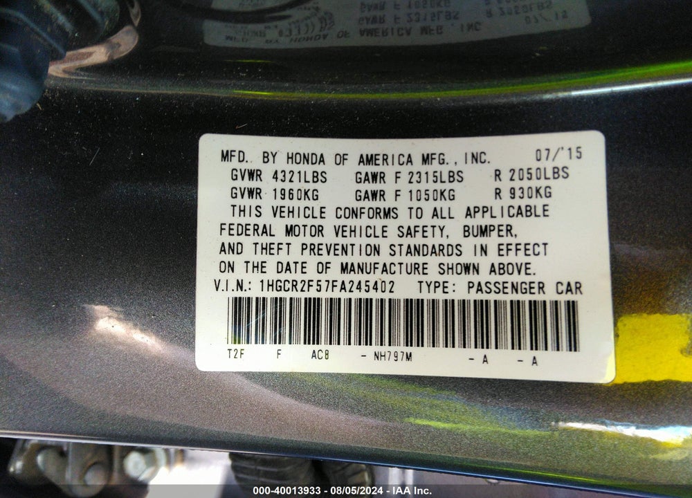 2015 HONDA ACCORD SPORT VIN: 1HGCR2F57FA245402