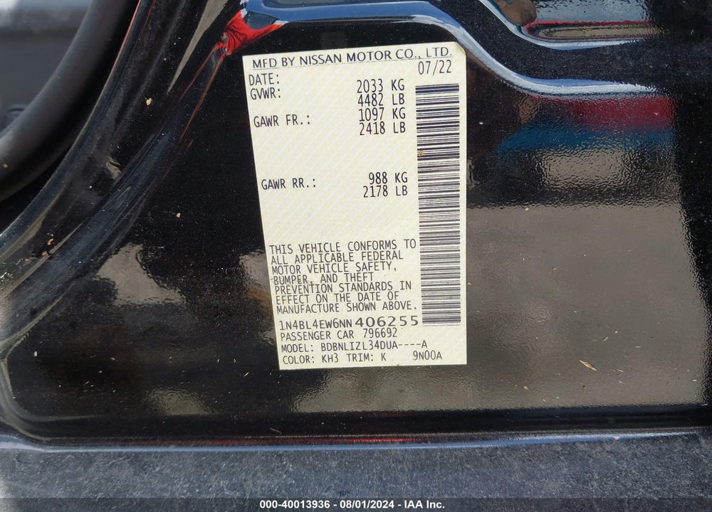 2022 NISSAN ALTIMA SL INTELLIGENT AWD VIN: 1N4BL4EW6NN406255