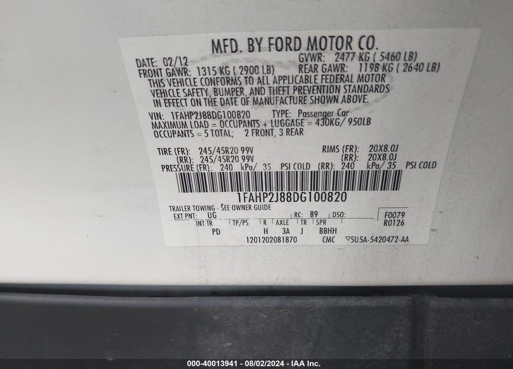 2013 FORD TAURUS LIMITED VIN: 1FAHP2J88DG100820