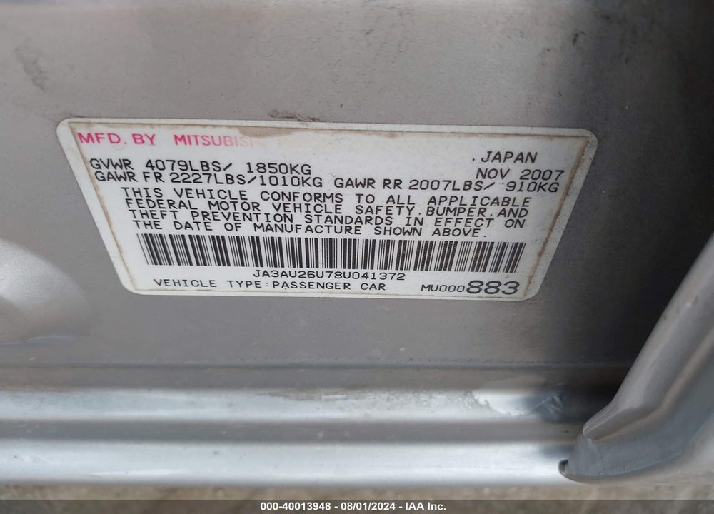 2008 MITSUBISHI LANCER DE/ES VIN: JA3AU26U78U041372