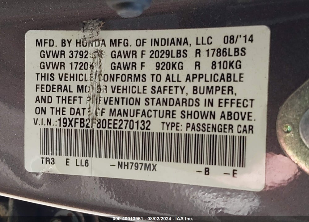 2014 HONDA CIVIC EX VIN: 19XFB2F80EE270132