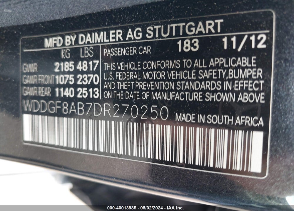 2013 MERCEDES-BENZ C 300 LUXURY 4MATIC/SPORT 4MATIC VIN: WDDGF8AB7DR270250