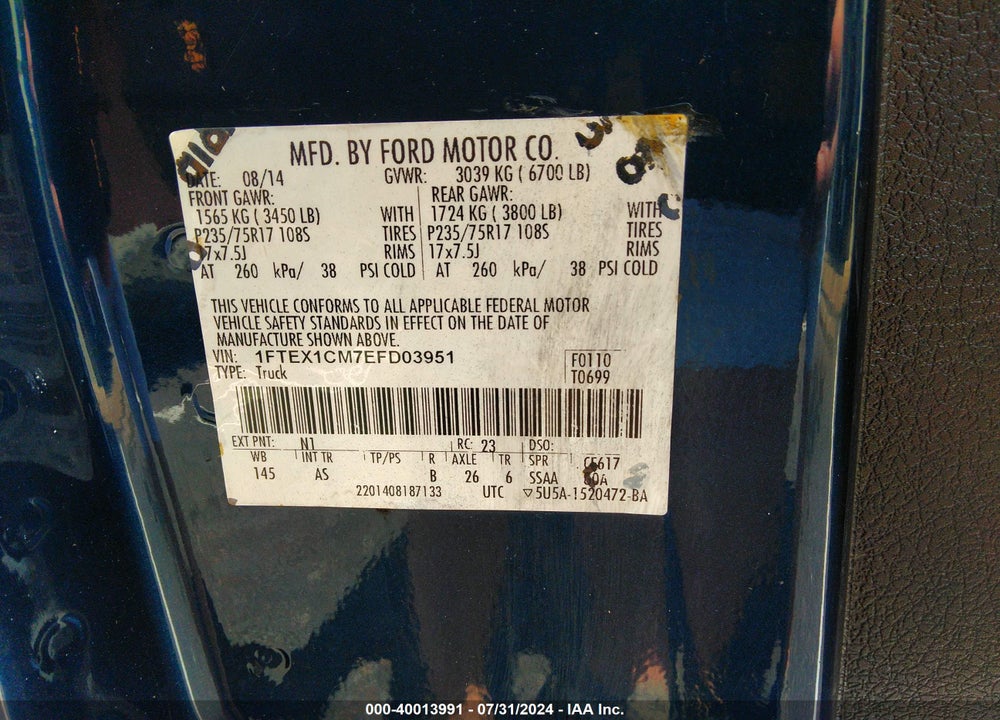 2014 FORD F-150 XL VIN: 1FTEX1CM7EFD03951