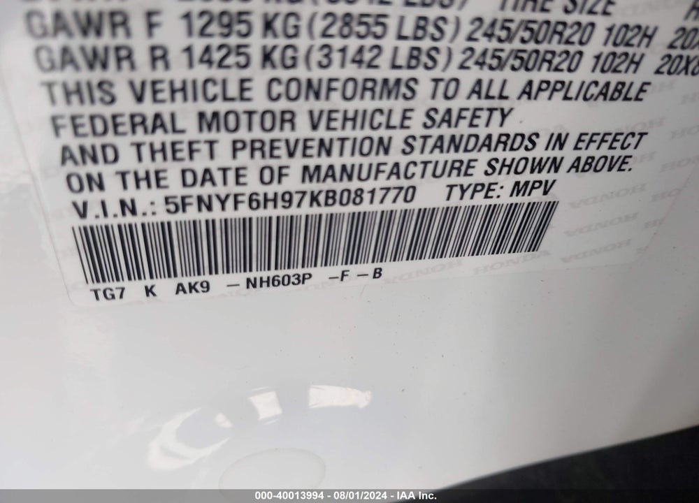 2019 HONDA PILOT TOURING VIN: 5FNYF6H97KB081770