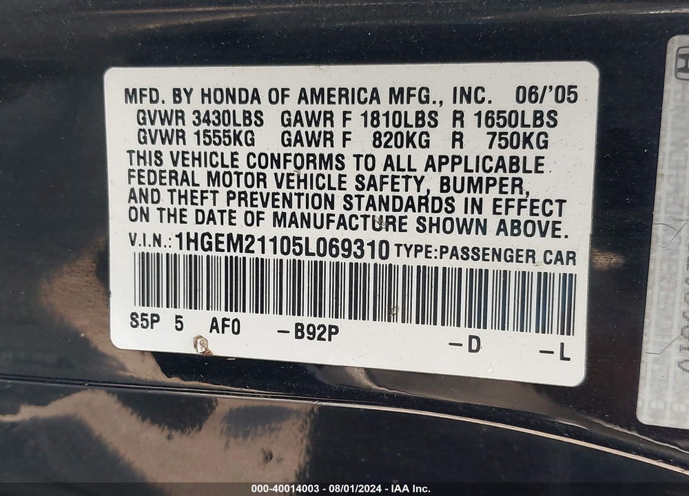 2005 HONDA CIVIC VP VIN: 1HGEM21105L069310