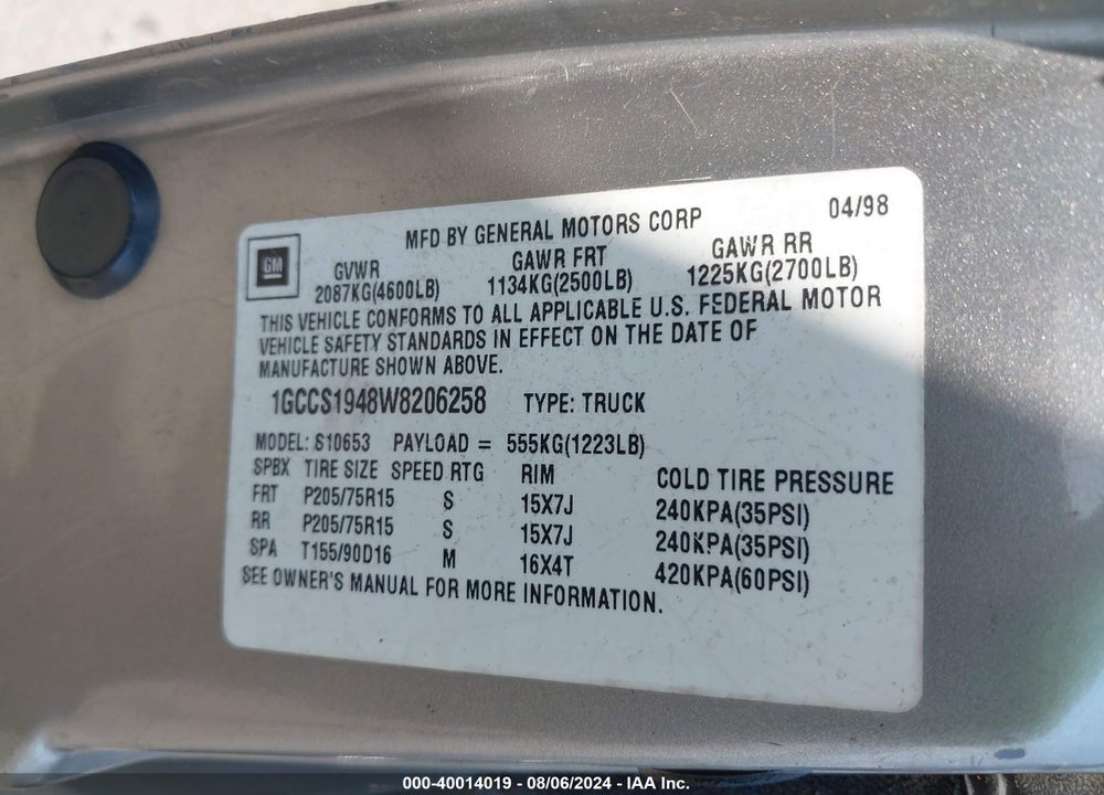 1998 CHEVROLET S-10 LS FLEETSIDE CMI VIN: 1GCCS1948W8206258