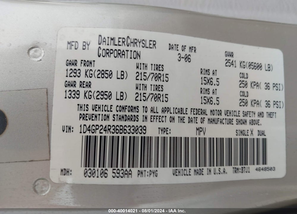2006 DODGE GRAND CARAVAN SE VIN: 1D4GP24R36B633039