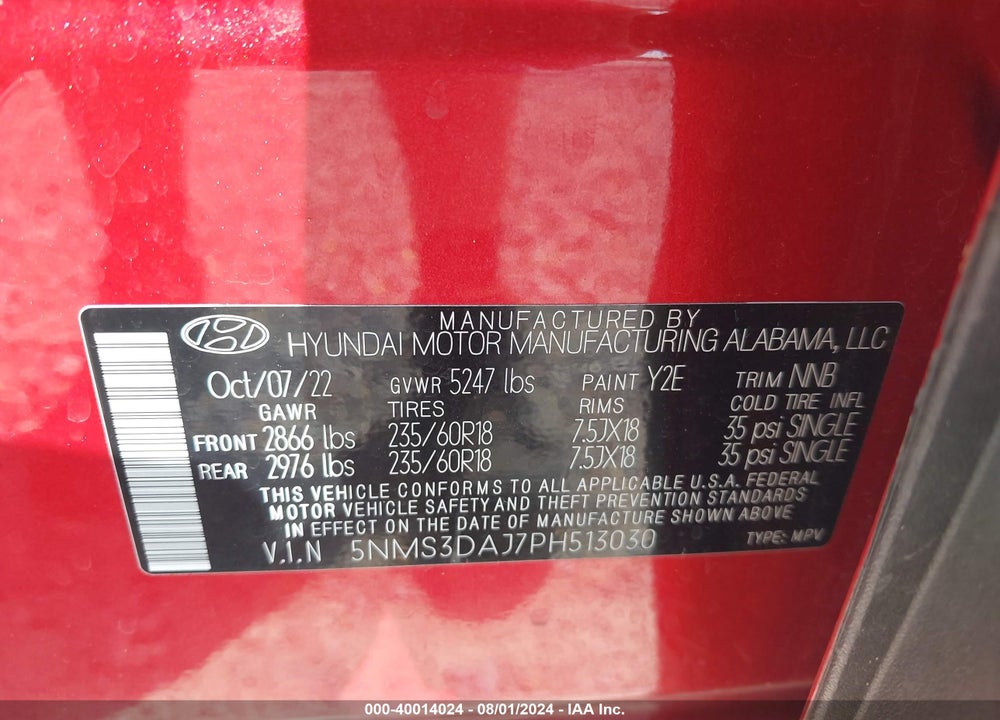 2023 HYUNDAI SANTA FE SEL VIN: 5NMS3DAJ7PH513030