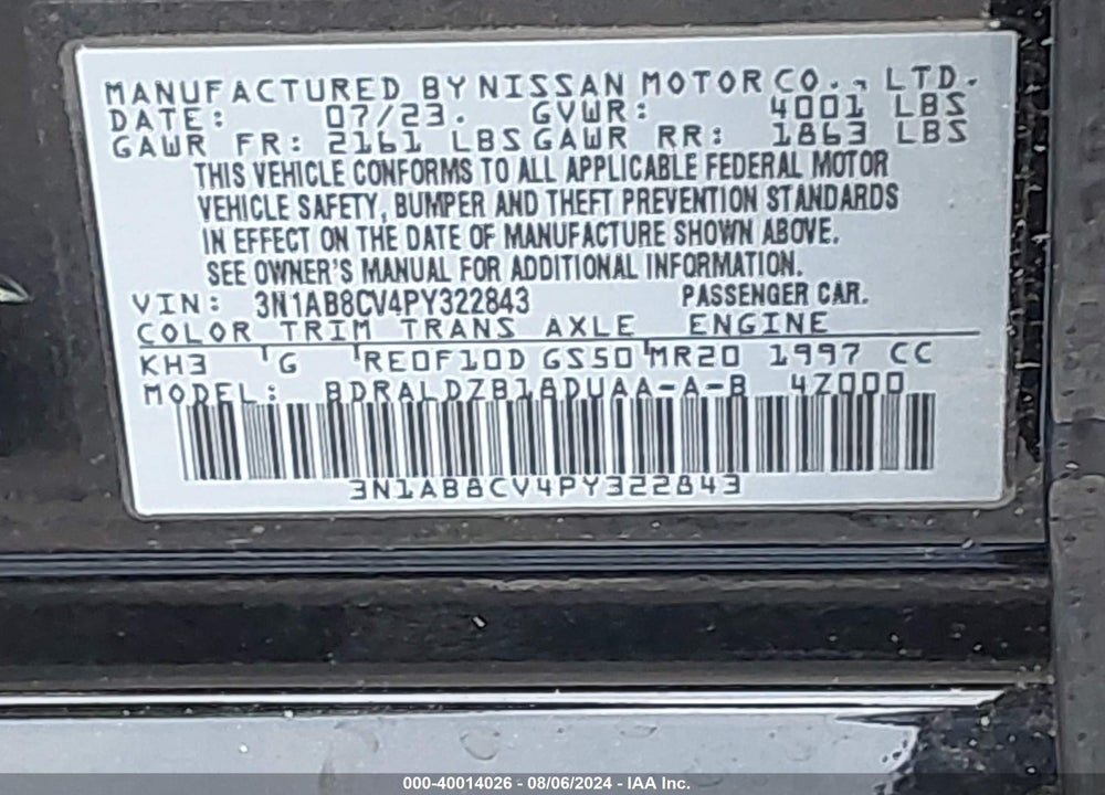 2023 NISSAN SENTRA SV XTRONIC CVT VIN: 3N1AB8CV4PY322843