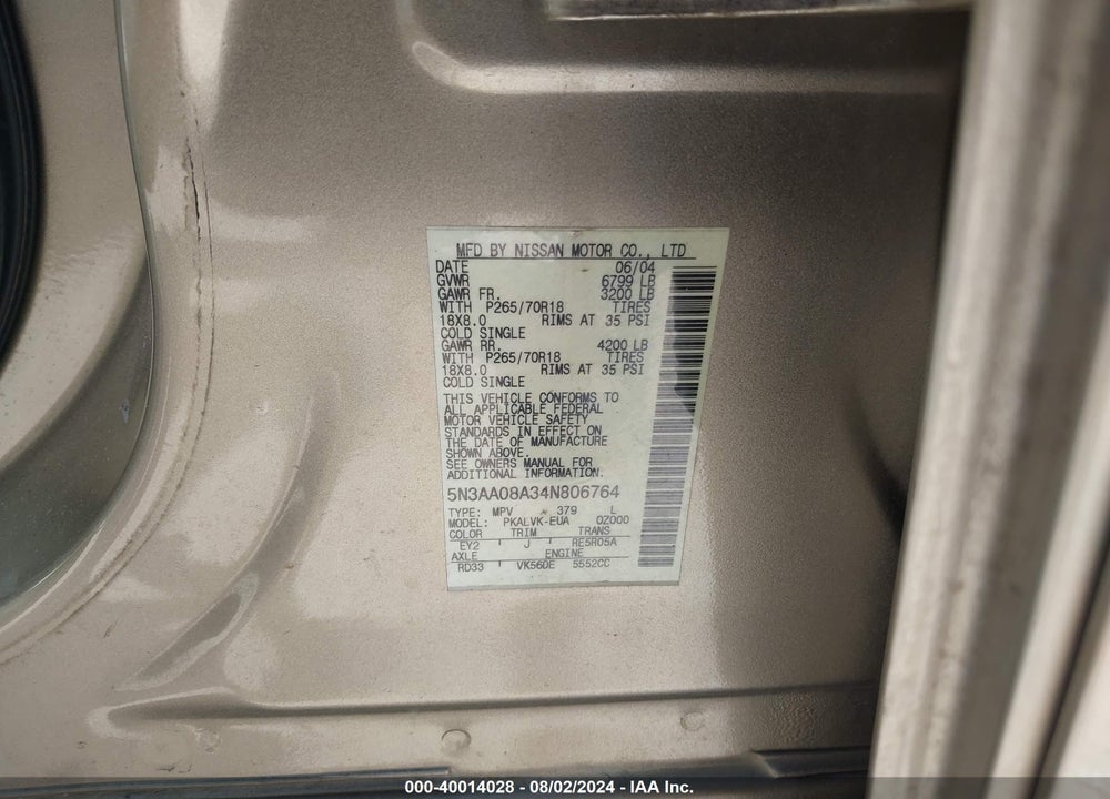 2004 INFINITI QX56 VIN: 5N3AA08A34N806764