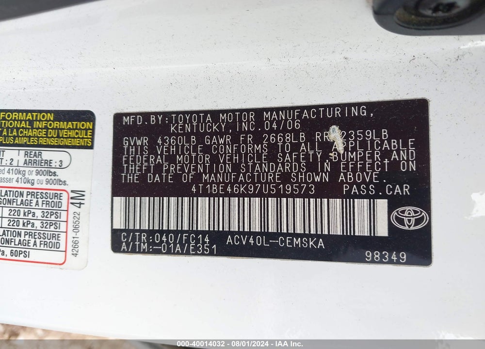 2007 TOYOTA CAMRY SE VIN: 4T1BE46K97U519573