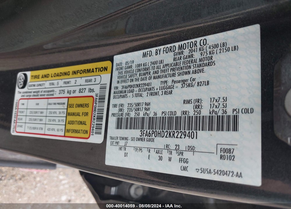 2019 FORD FUSION SE VIN: 3FA6P0HD2KR229401