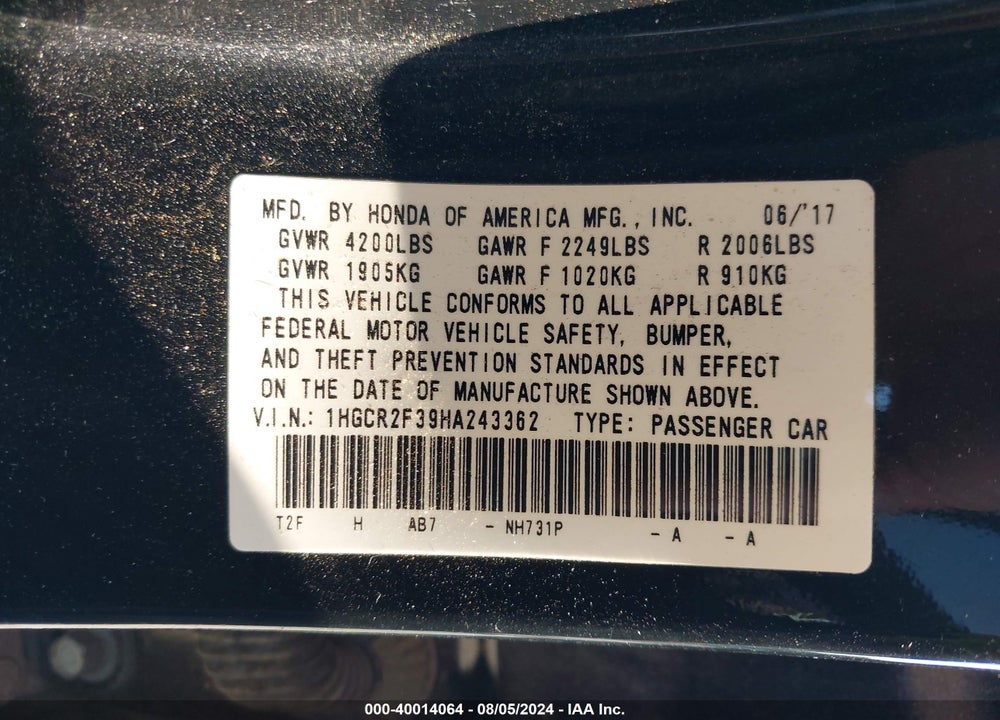 2017 HONDA ACCORD LX VIN: 1HGCR2F39HA243362