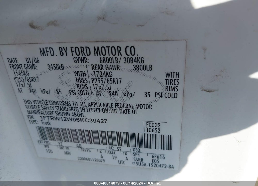 2006 FORD F-150 XLT VIN: 1FTRW12W96KC39427