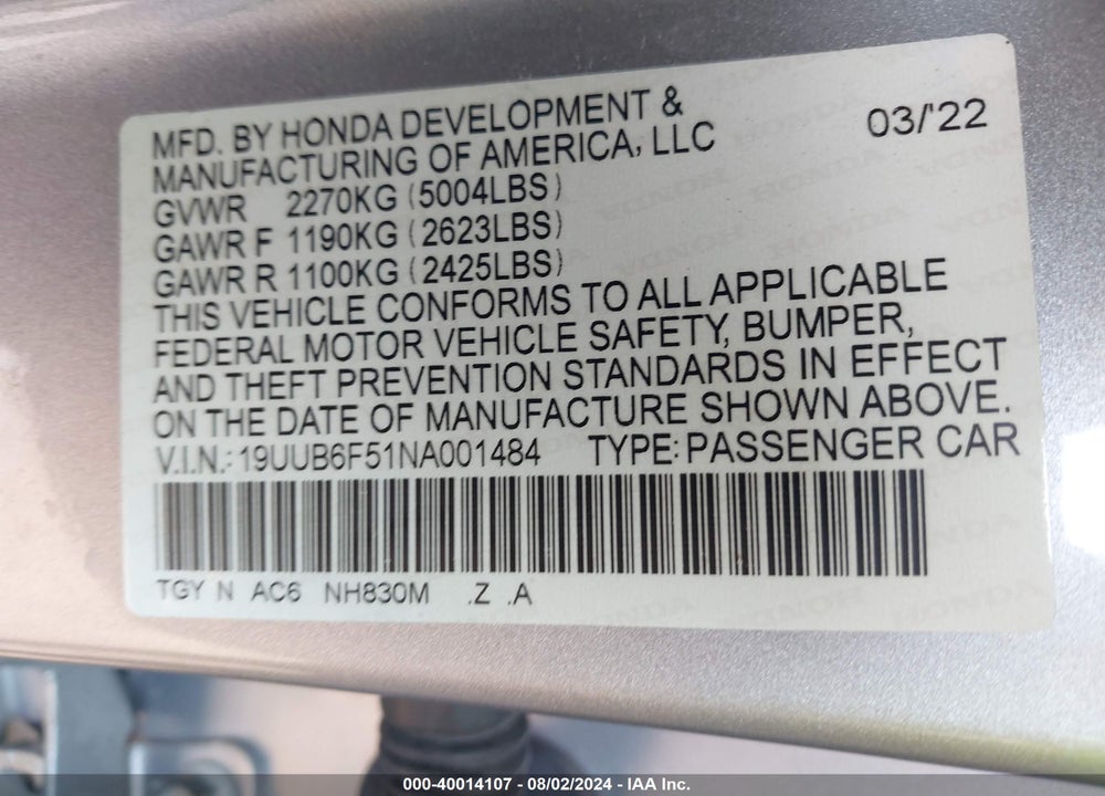 2022 ACURA TLX A-SPEC PACKAGE VIN: 19UUB6F51NA001484
