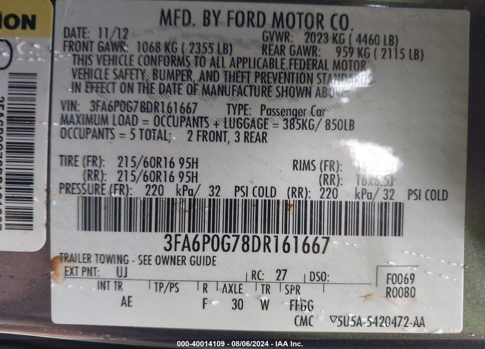 2013 FORD FUSION S VIN: 3FA6P0G78DR161667