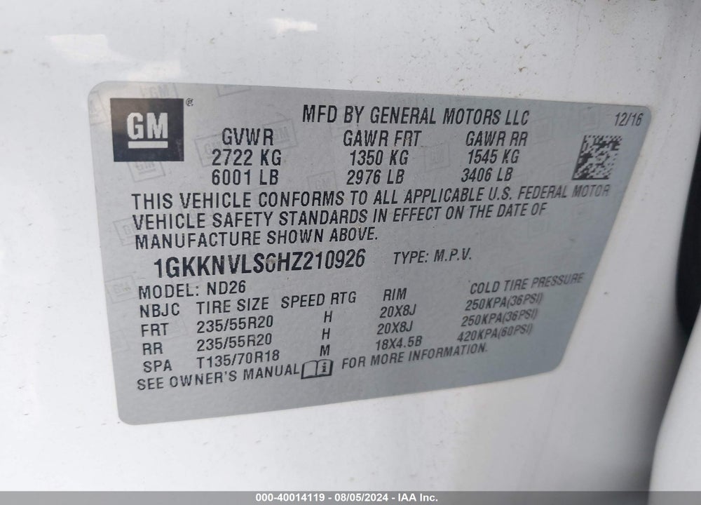 2017 GMC ACADIA SLT-1 VIN: 1GKKNVLS6HZ210926