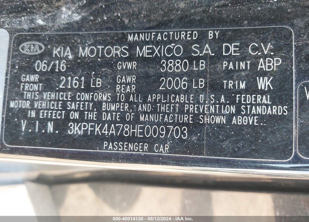 2017 KIA FORTE LX VIN: 3KPFK4A78HE009703