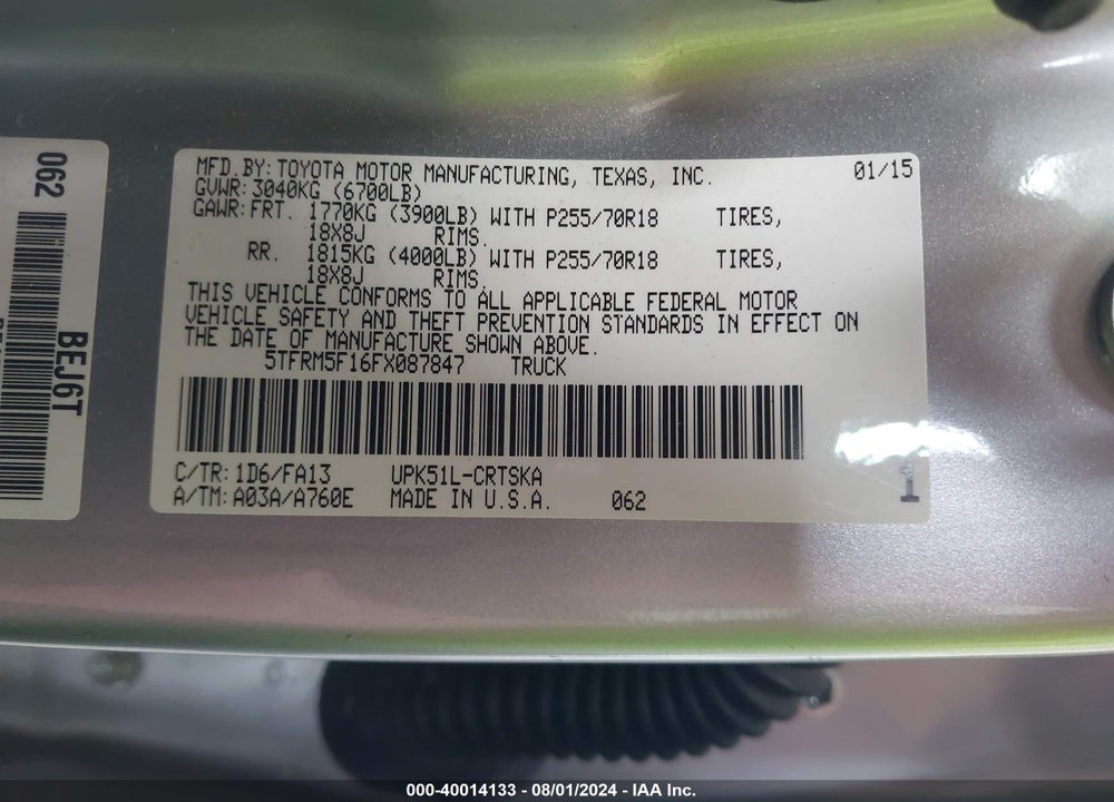 2015 TOYOTA TUNDRA SR 4.6L V8 VIN: 5TFRM5F16FX087847