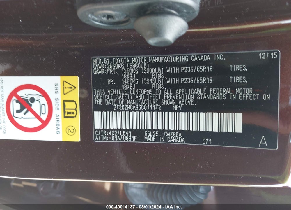 2016 LEXUS RX 350 VIN: 2T2BZMCA8GC011172