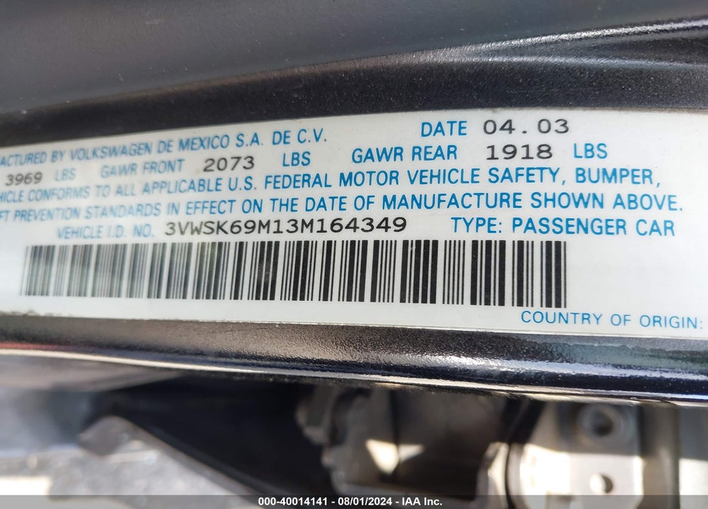2003 VOLKSWAGEN JETTA GLS 2.0L VIN: 3VWSK69M13M164349